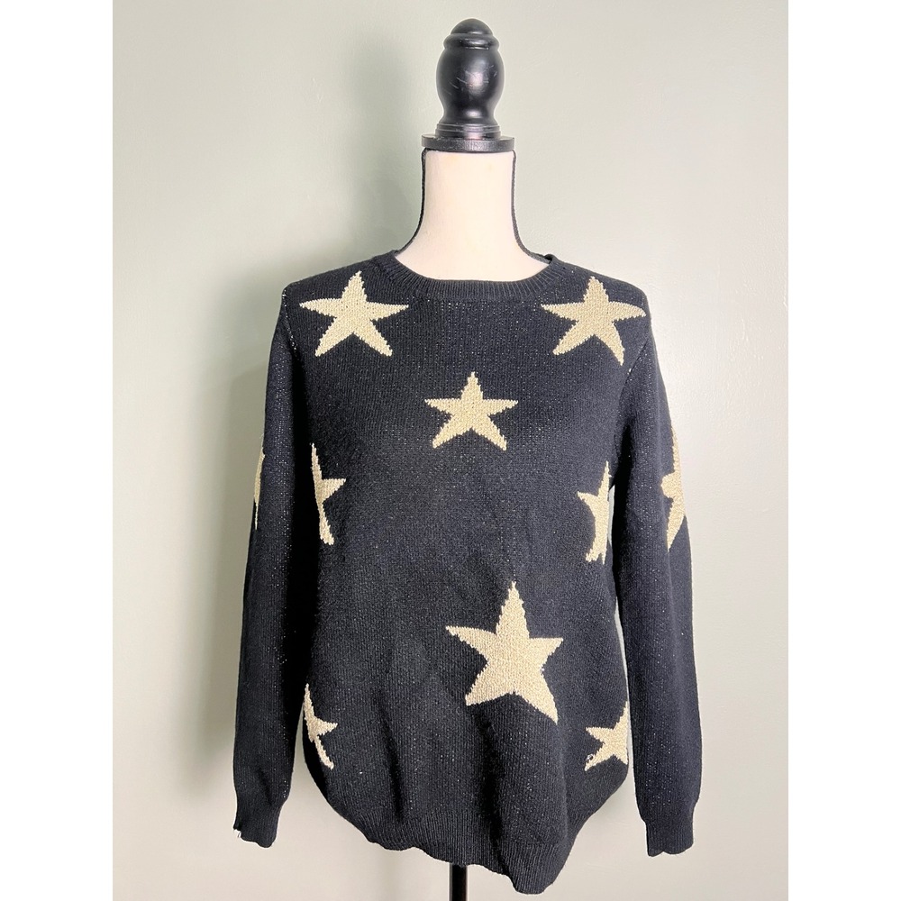Care of You Vintage Black Gold Star Sweater M/L Celestial Whimsical Glitter